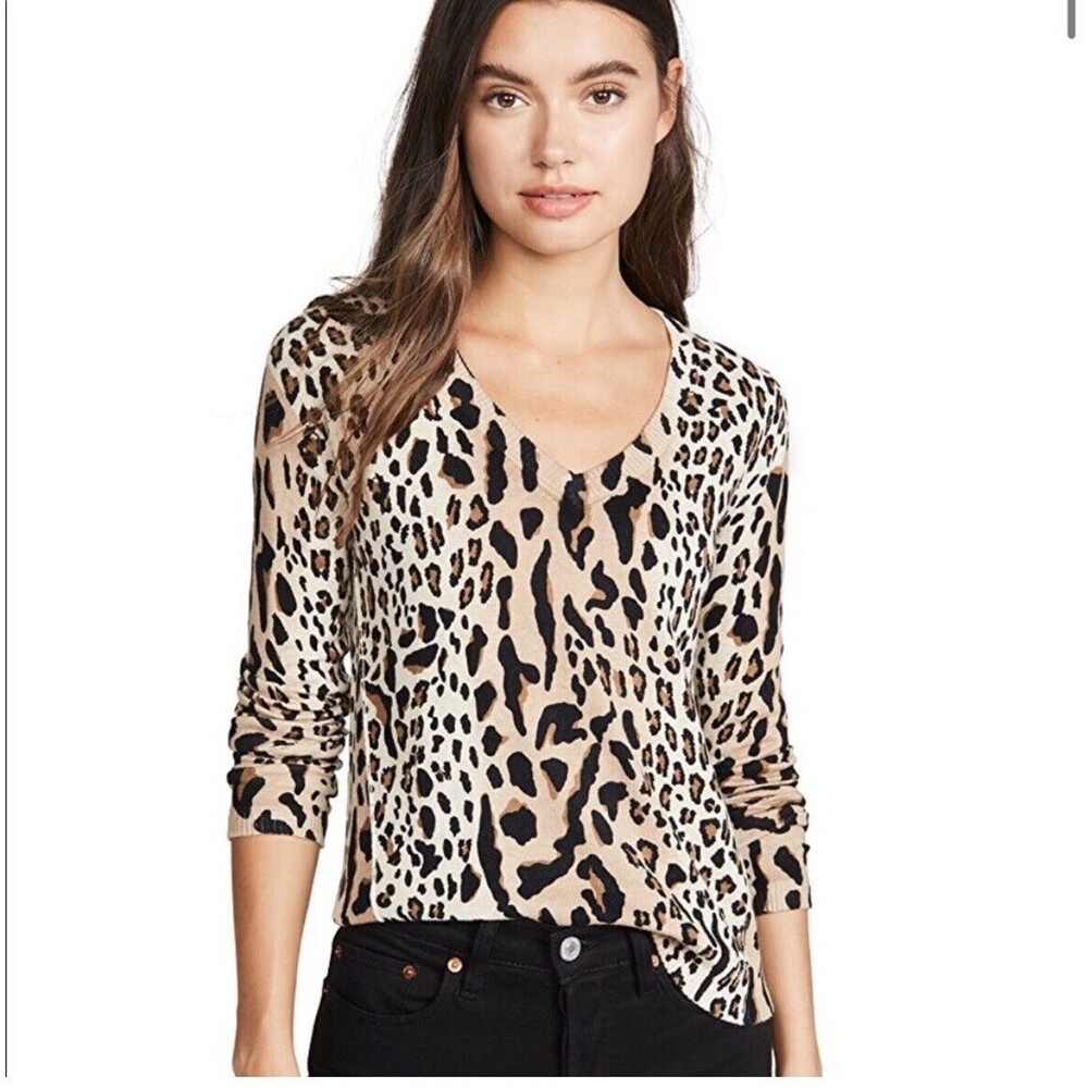 ATM Anthony Thomas Melillo Sweater Leopard Print Mixed Animal V-Neck Tan Medium